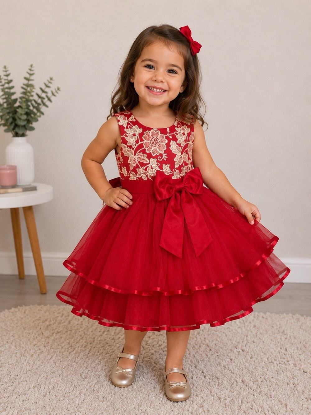 Girls Red Fit & Flare Sleeveless Party Dress Knee Length with Bow Embroidery 3T